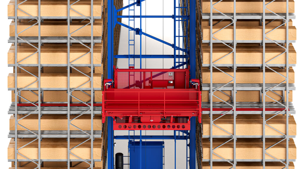 3D rendering of the Fehr Satellite Stacker - Cassette-less honeycomb warehouse for long goods in wood processing