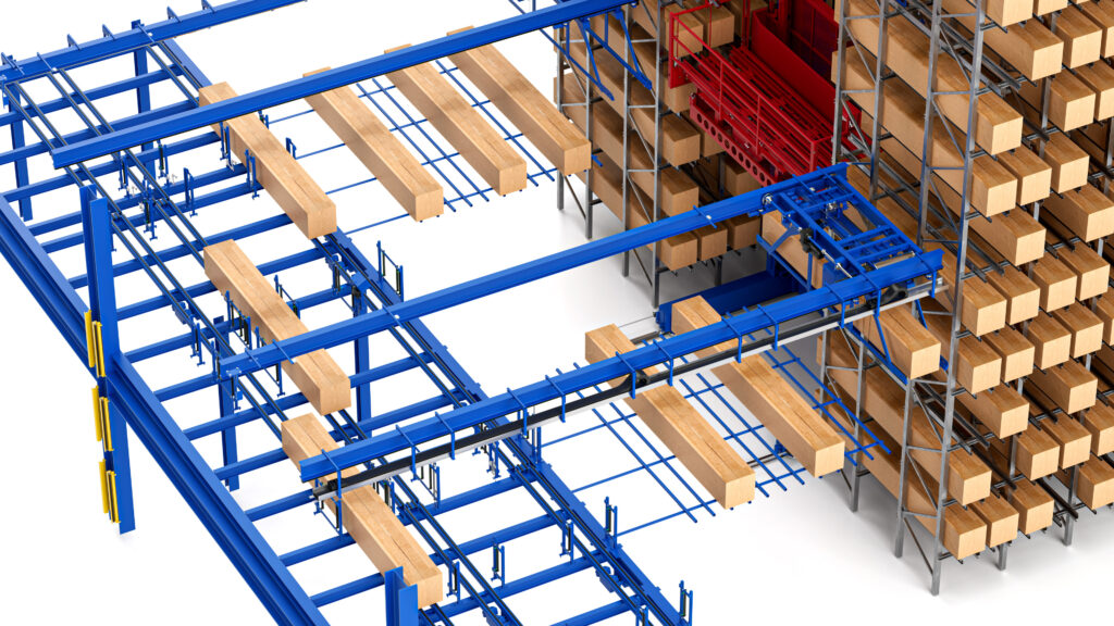 3D rendering of the Fehr Satellite Stacker - Cassette-less honeycomb warehouse for long goods in wood processing