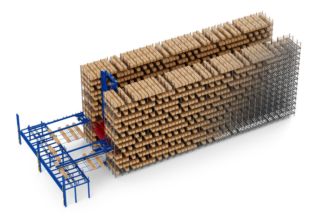 3D rendering of the Fehr Satellite Stacker - Cassette-less honeycomb warehouse for long goods in wood processing