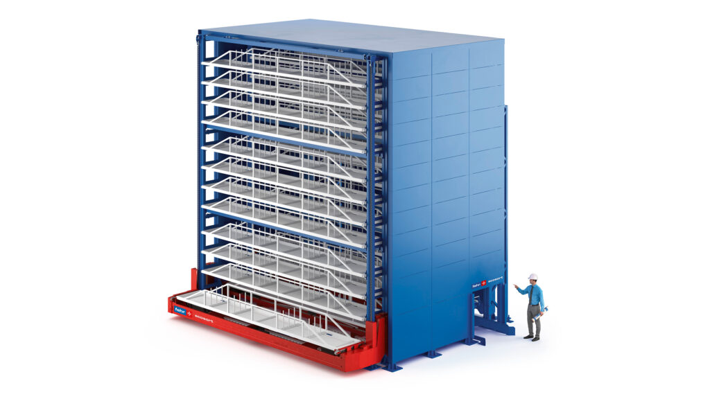 3D-Rendering des Ecosort - Automatisiertes Turmlager für Langgut - Fehr Lagerlogistik