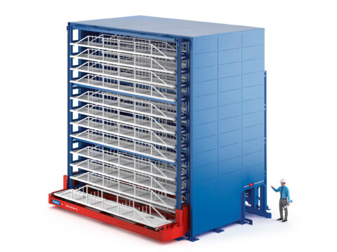 3D-Rendering des Ecosort - Automatisiertes Turmlager für Langgut - Fehr Lagerlogistik