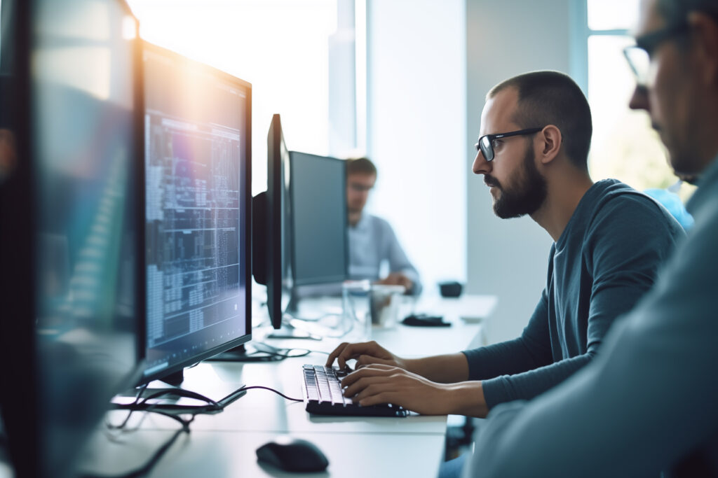 Foto von Projektleiter bei Fehr, der am Computer sitzt und Bewegungsdaten analysiert