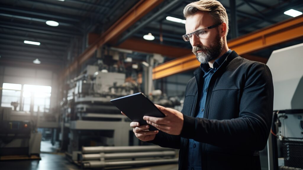 Foto eines Projektleiters bei Fehr, der mit einem Tablet in der Hand im Lager steht und Prozesse dynamisch simuliert