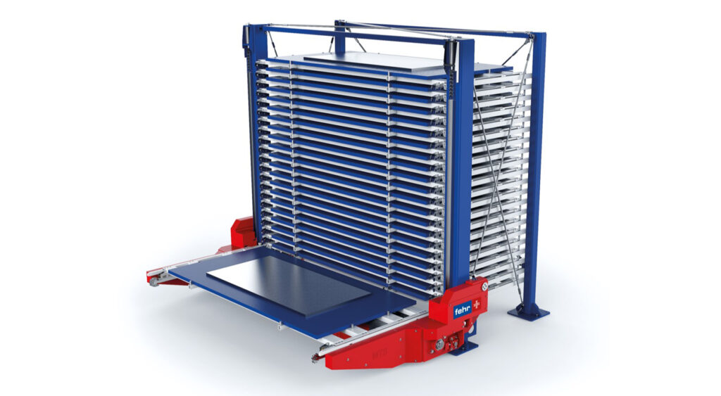 3D Rendering of the Ergoline - Automated tower storage systems for sheet metal - Fehr Lagerlogistik