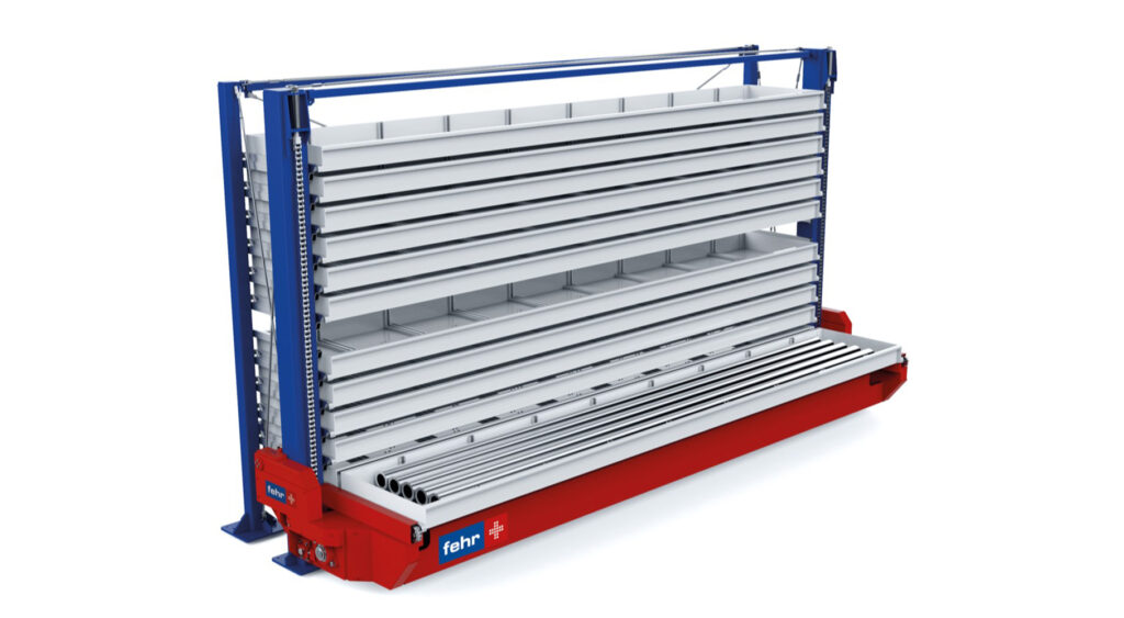 3D-Rendering des Ergoline - Automatisiertes Turmlager für Langgut - Fehr Lagerlogistik