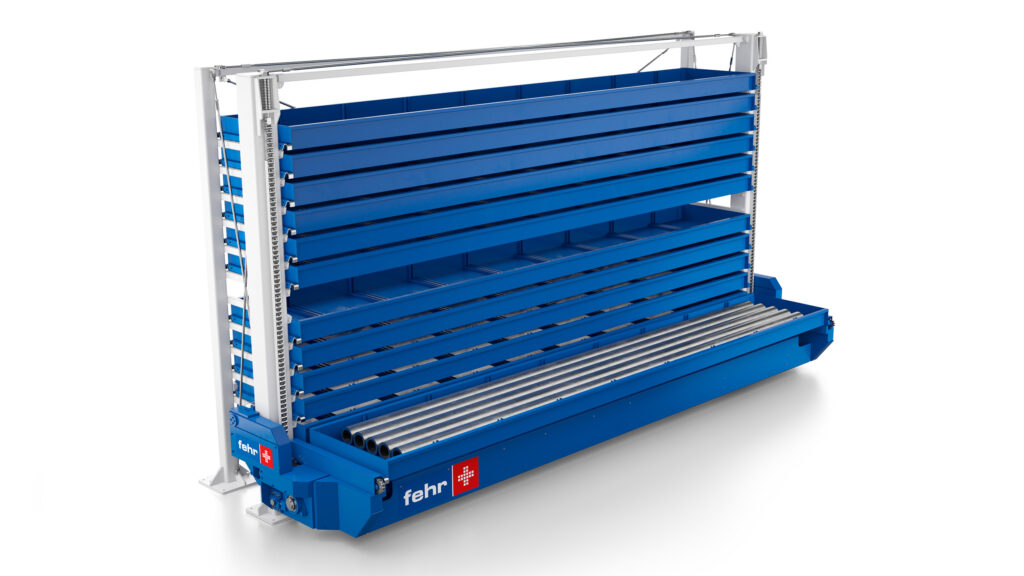 3D-Rendering des Ergoline - Automatisiertes Turmlager für Langgut - Fehr Lagerlogistik