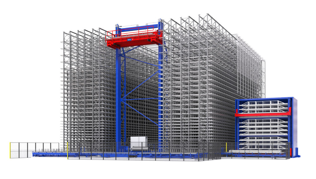 3D-Rendering des Ecosort - Automatisiertes Turmlager für Langgut - Fehr Lagerlogistik