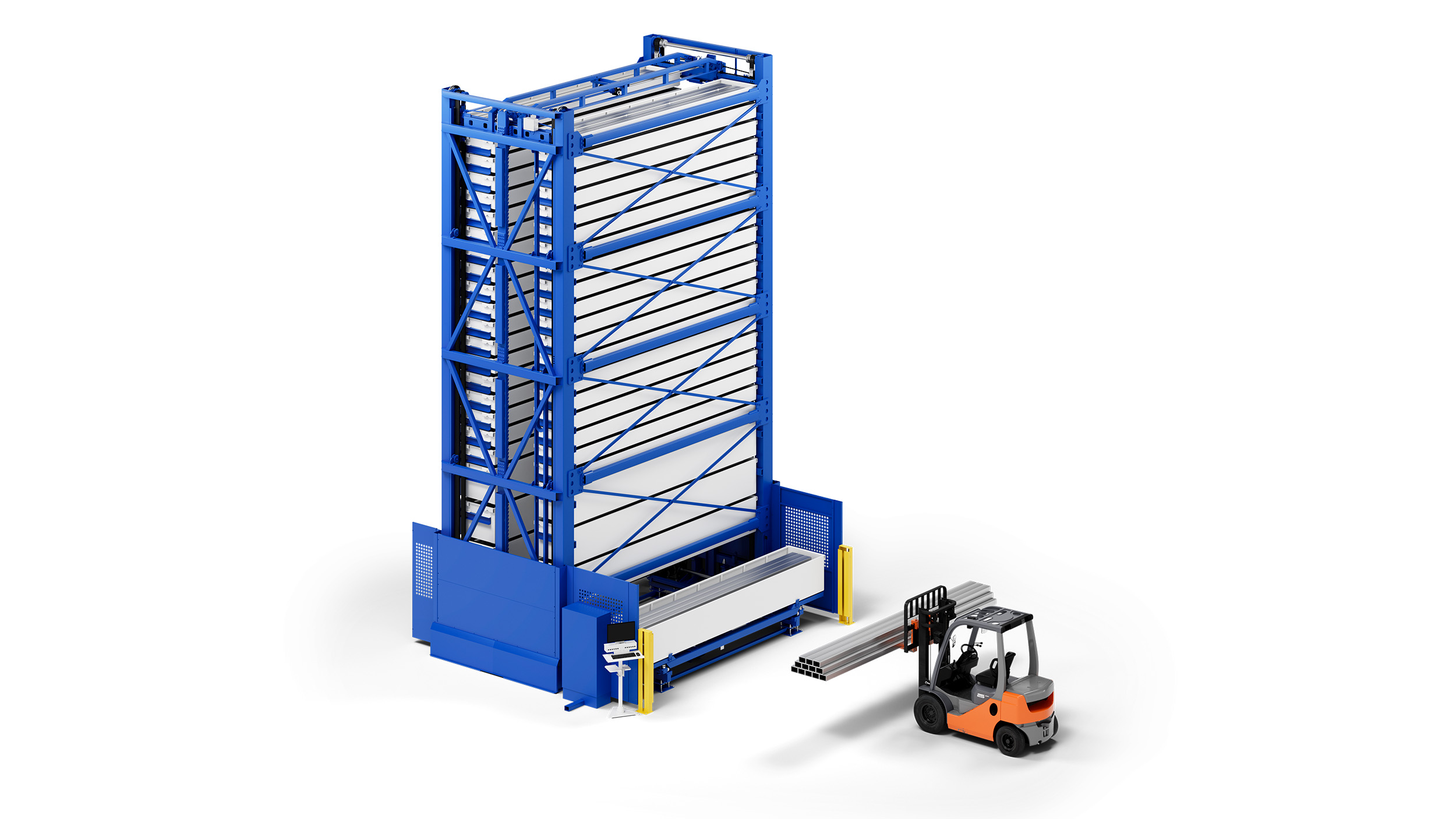 Rendu 3D de la MATT BOX - Stockage en tourelles automatisé pour les marchandises longues et les tôles de Matter - Fehr Technology Alliance