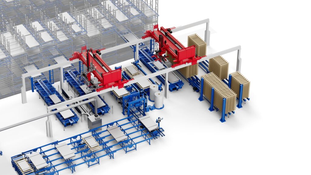 Close-up 3D rendering of a fully automated sheet metal handling station from Fehr Handling Systems for Moris