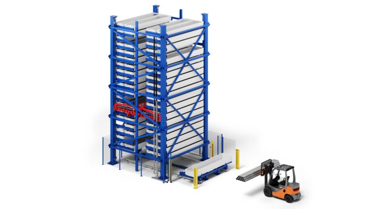 3D-Rendering des MATT BOX TWIN - Automatisiertes Turmlager für Langgut von Matter - Fehr Technology Alliance