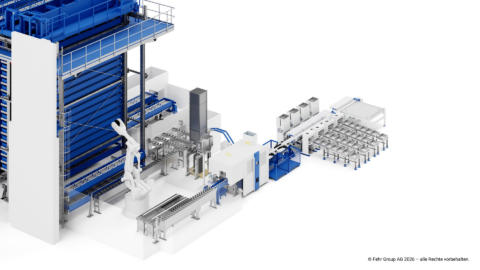 3D-Rendering einer Roboter-gestützten, vollautomatisierten Sägebestückungs-Station von Fehr